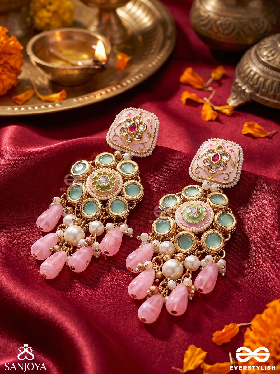 Pankhuri – Flower Petal – Heritage Earrings With Floral Meenakari Motifs, Mint Enamel Settings, Lustrous Pearl Clusters And Blush Pink Teardrop Danglers