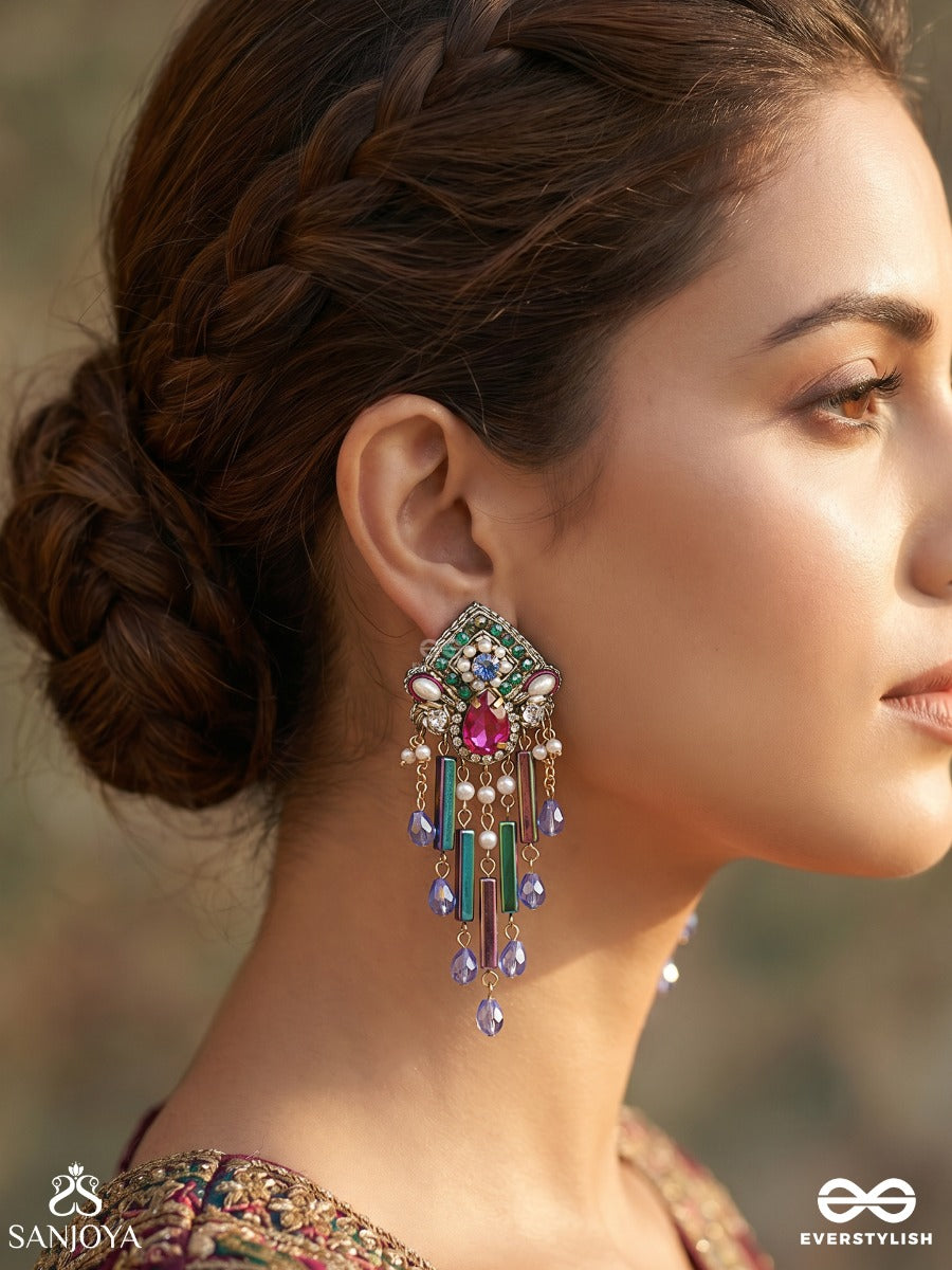 Aarnika – Radiant Bloom – Statement Earrings With Meenakari Motifs, Kundan Details And Blue Crystal Tassels