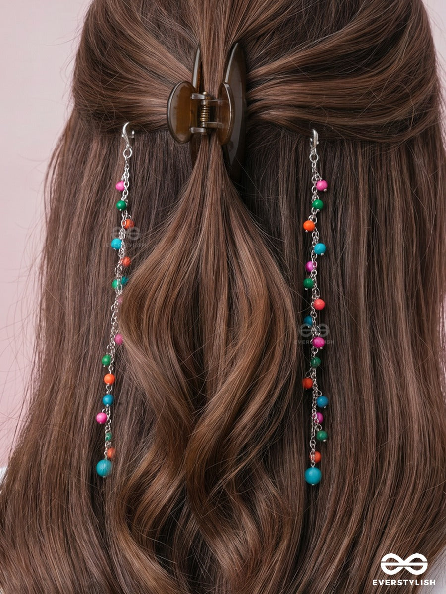 Pixie Confetti – Dainty Hair Clip Set Of 2 With Multicolour Beads And Silver Chains