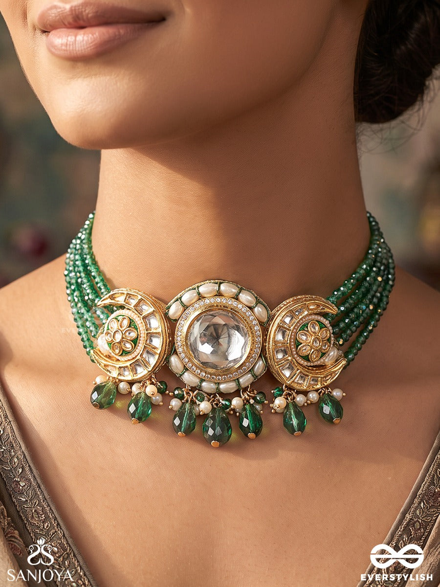 Harinika – Emerald Grace – Heritage Choker With Multi-Strand Green Beadwork, Mirror Kundan Floral Motif And Pearl Accents