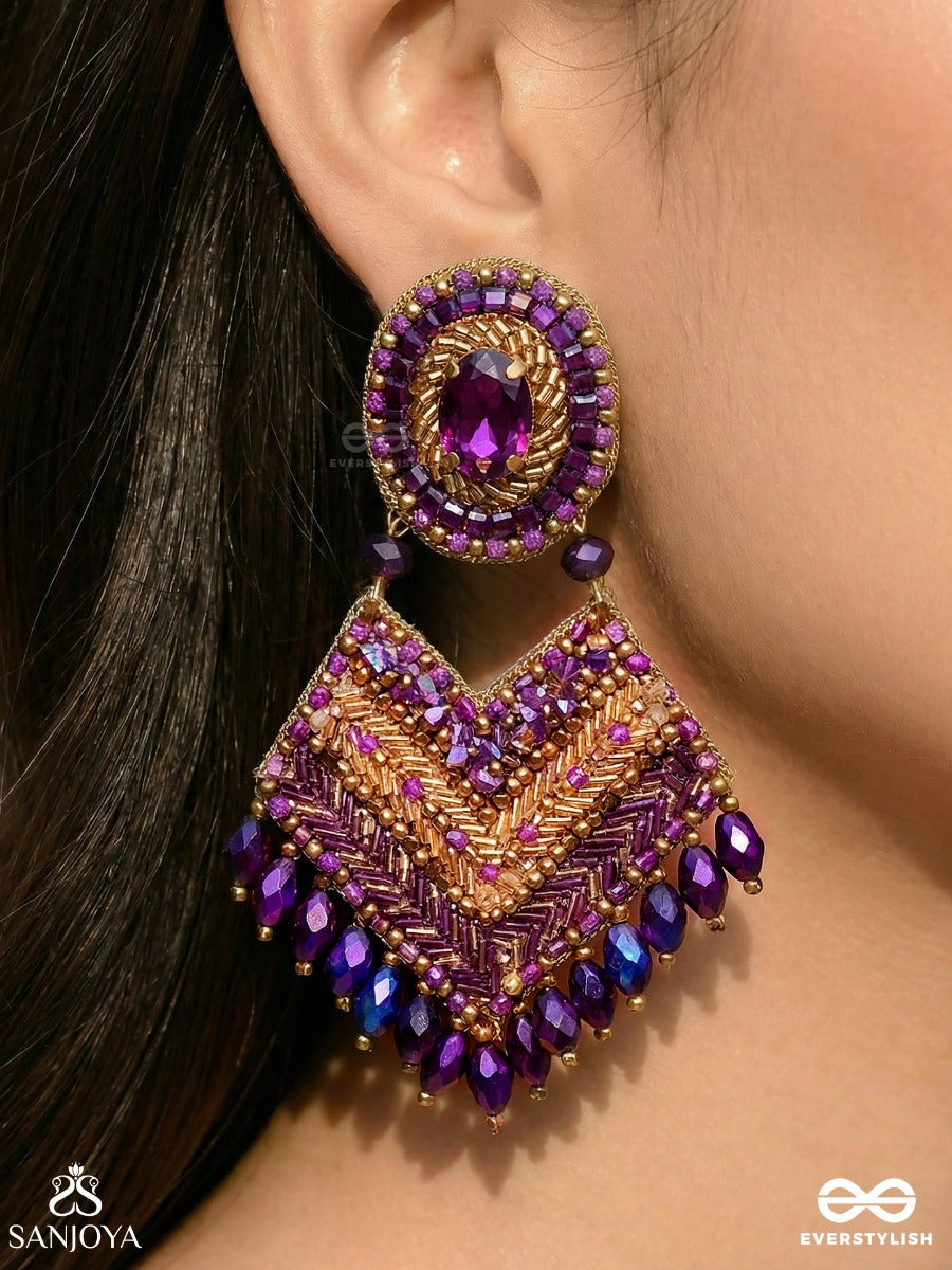 Ratriraja - The Dark Radiance - Stone, Glass Drop And Cut Dana Embroidered Earrings
