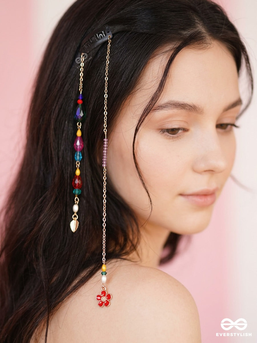 Rainbow Twinkle – Gold Chain Hair Clip With Multicolour Beads And Cherry Charm