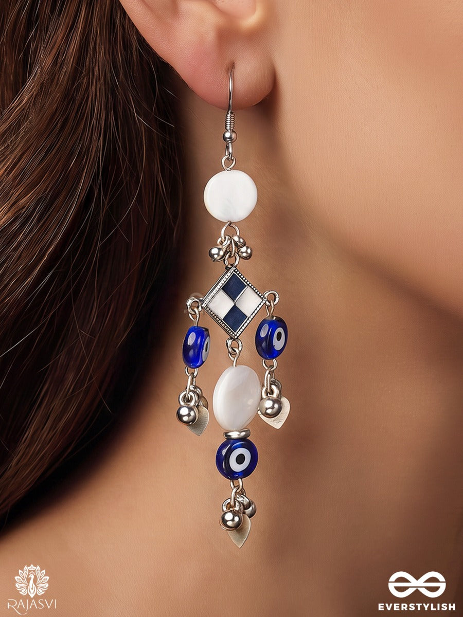 Tarakshi – Oxidised Earrings With Blue Evil Eye Beads And Shell Accents