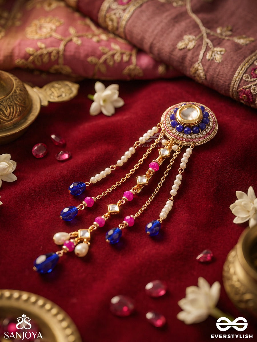Baani – Divine Expression – Heritage Hair Accessory With Mirror Centre, Royal Blue Drops, Pearl Strands And Kundan-Inspired Details