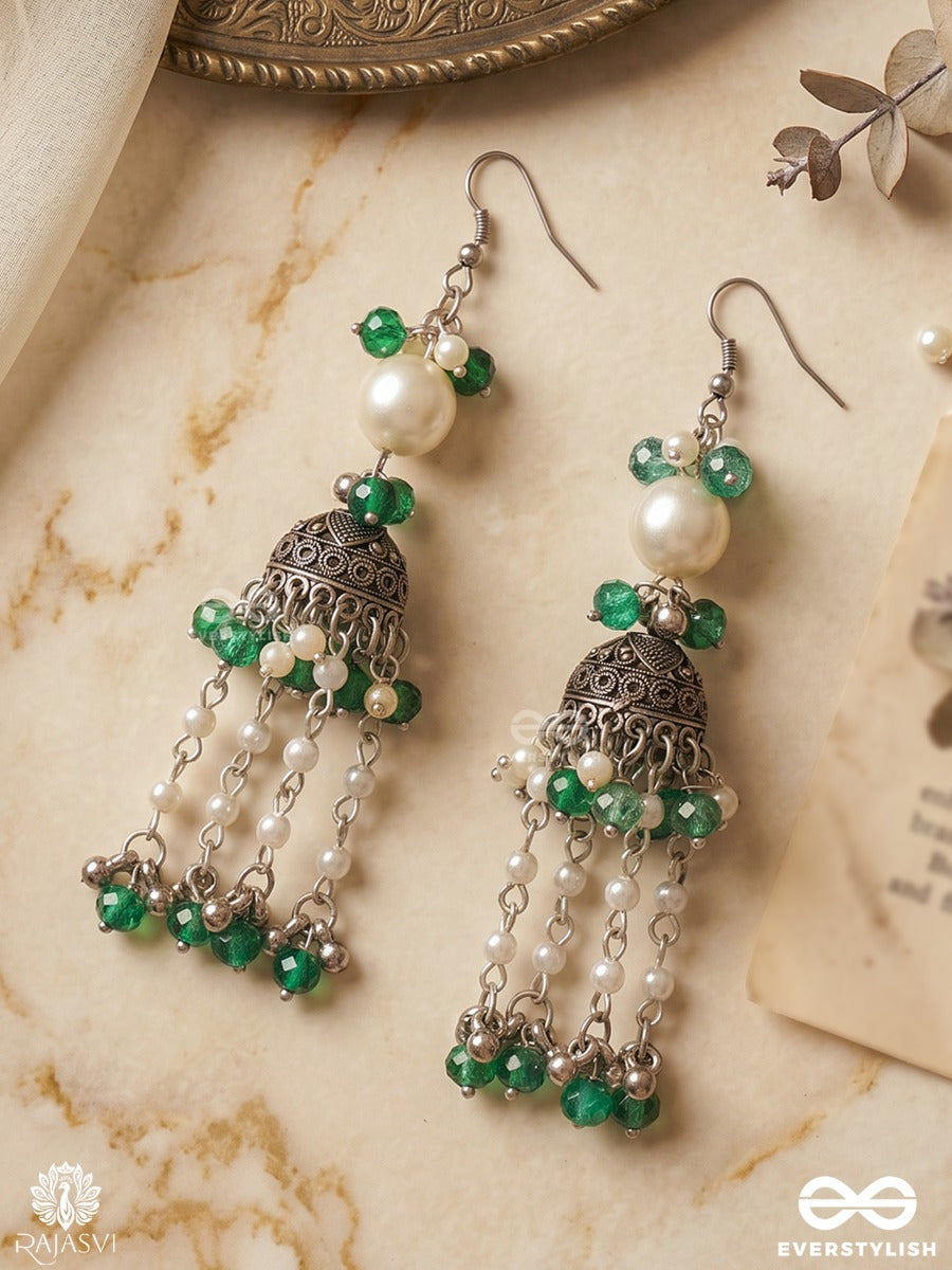Patrangi – Oxidised Jhumkas With Emerald Green Beads, Pearl Strands And Cascading Tassels