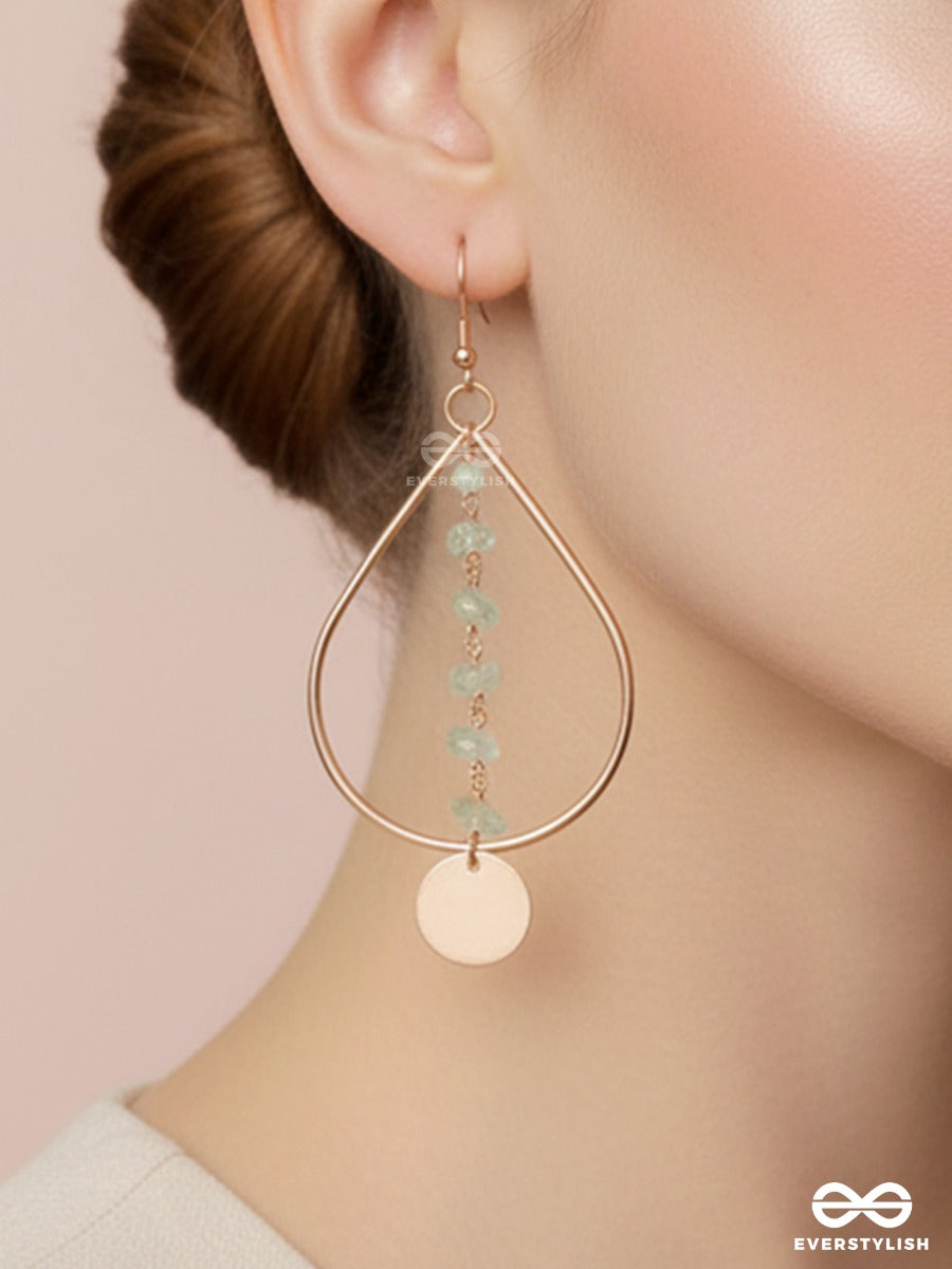 Ocean Medallion – Gold Teardrop Earrings With Sea Glass Beads And Aqua Crystals