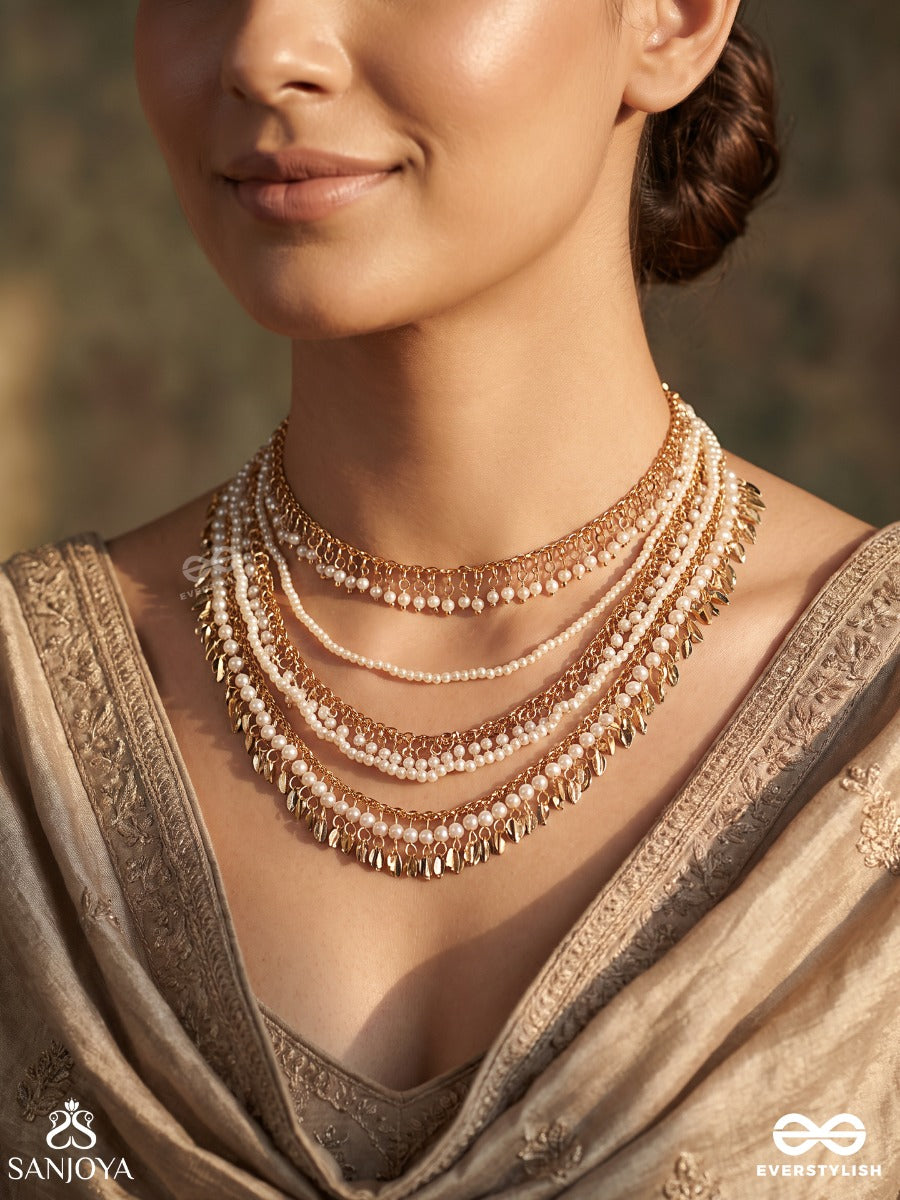 Kashvi – Shining Beauty – Multi-Purpose 3-In-1 Layered Chain With Cascading Pearl Strands, Golden Links And Delicate Drop Accents