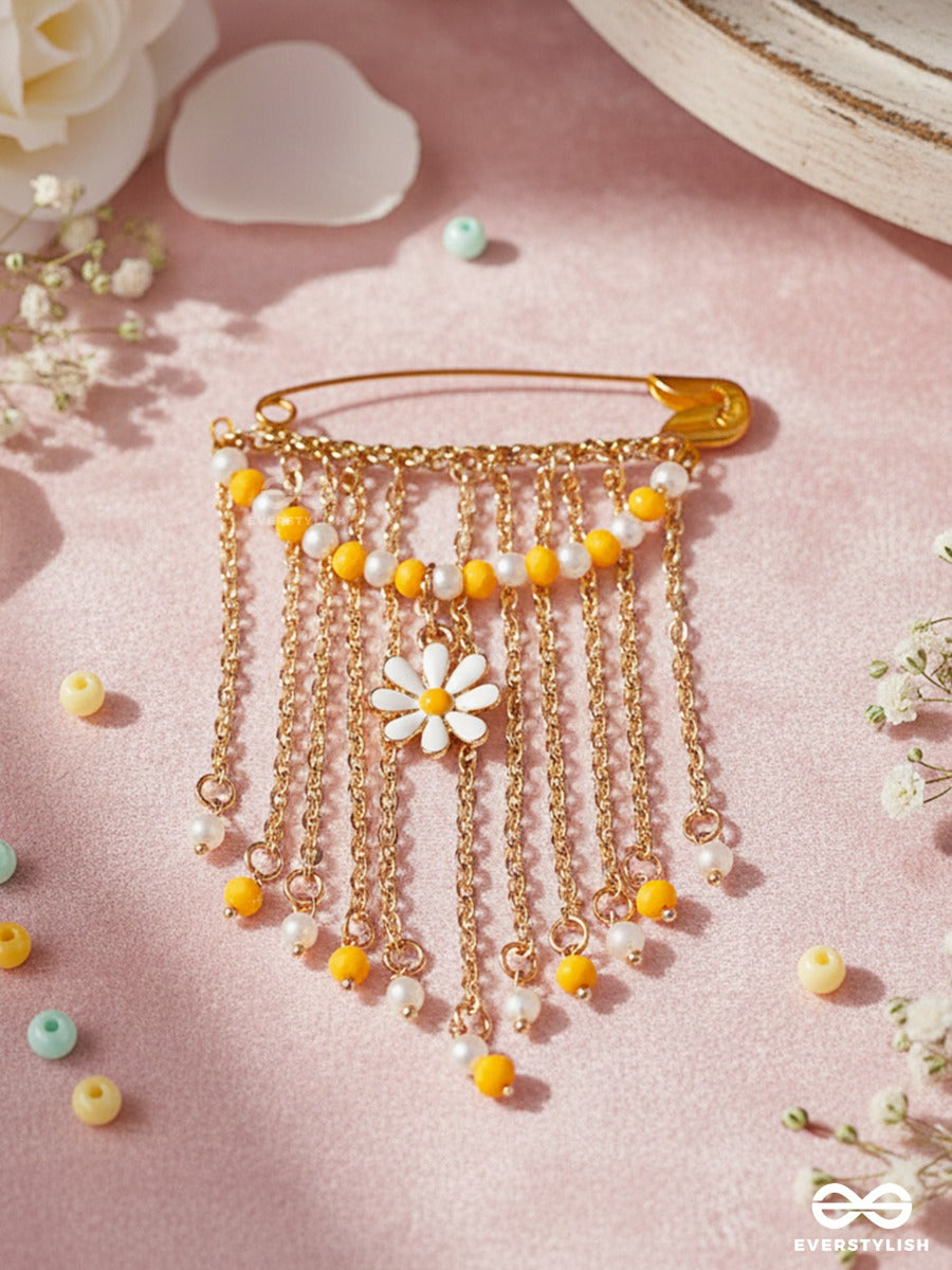 Sunpetal – Gold-Tone Brooch Pin With Daisy Motif, Mustard Beads And Pearl Drops