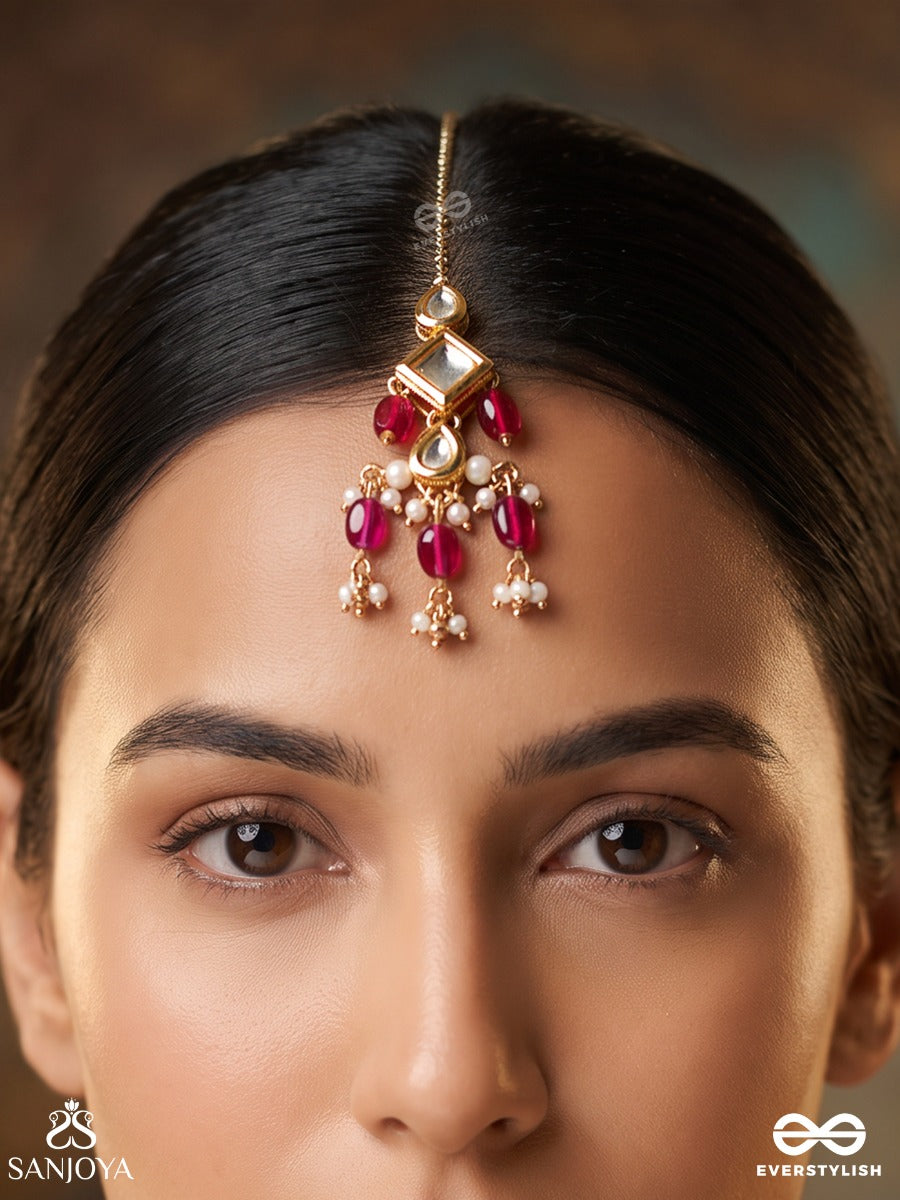 Kritanjali – Offering Of Grace – Heritage Maangtika With Kundan Centre, Ruby Drops, Pearl Clusters And Golden Filigree