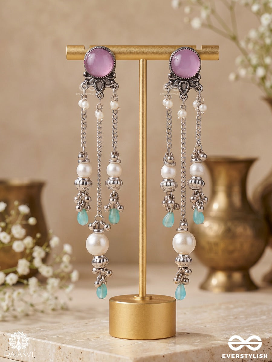 Lilavati – Oxidised Long Earrings With Lilac Stones, Floral Charms And Pearl Drops