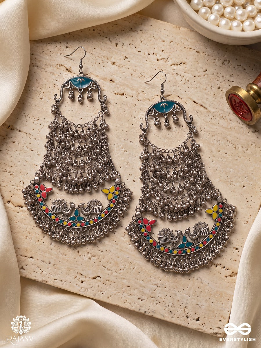 Kalanjali – Oxidised Earrings With Intricate Chainwork, Folk Motifs And Ghungroo Details