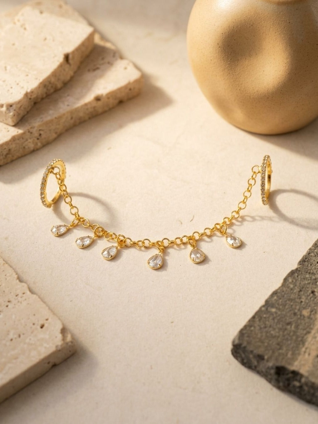 Two In Sync - Gold-Tone Connected Double Finger Ring With Crystal Charms And Delicate Chain Details