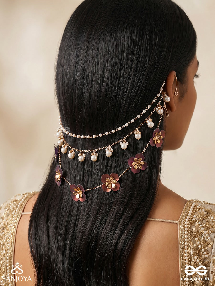 Kusumlehri – Wave Of Blooms – Ornate Chain Earcuff With Violet And Pink Floral Motifs, Double Chain Drapes And Delicate Gold-Tone Detailing