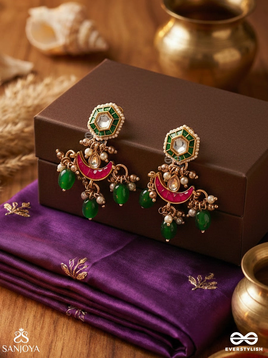 Shashiratna- Jewel Of The Moon- Kundan Earrings Inspired By The Moon's Radiance With Pearls And Green Drops