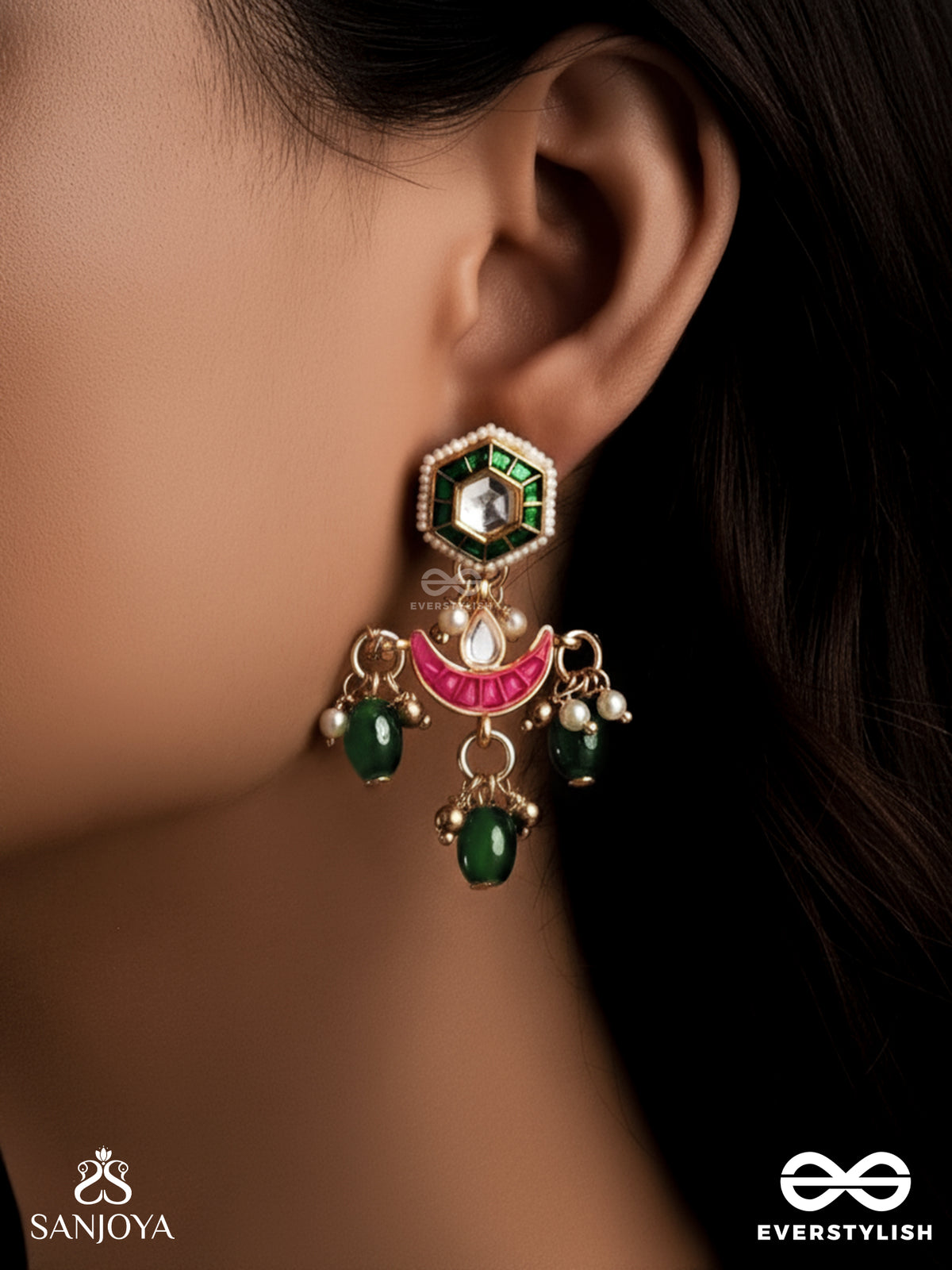 Shashiratna- Jewel Of The Moon- Kundan Earrings Inspired By The Moon's Radiance With Pearls And Green Drops