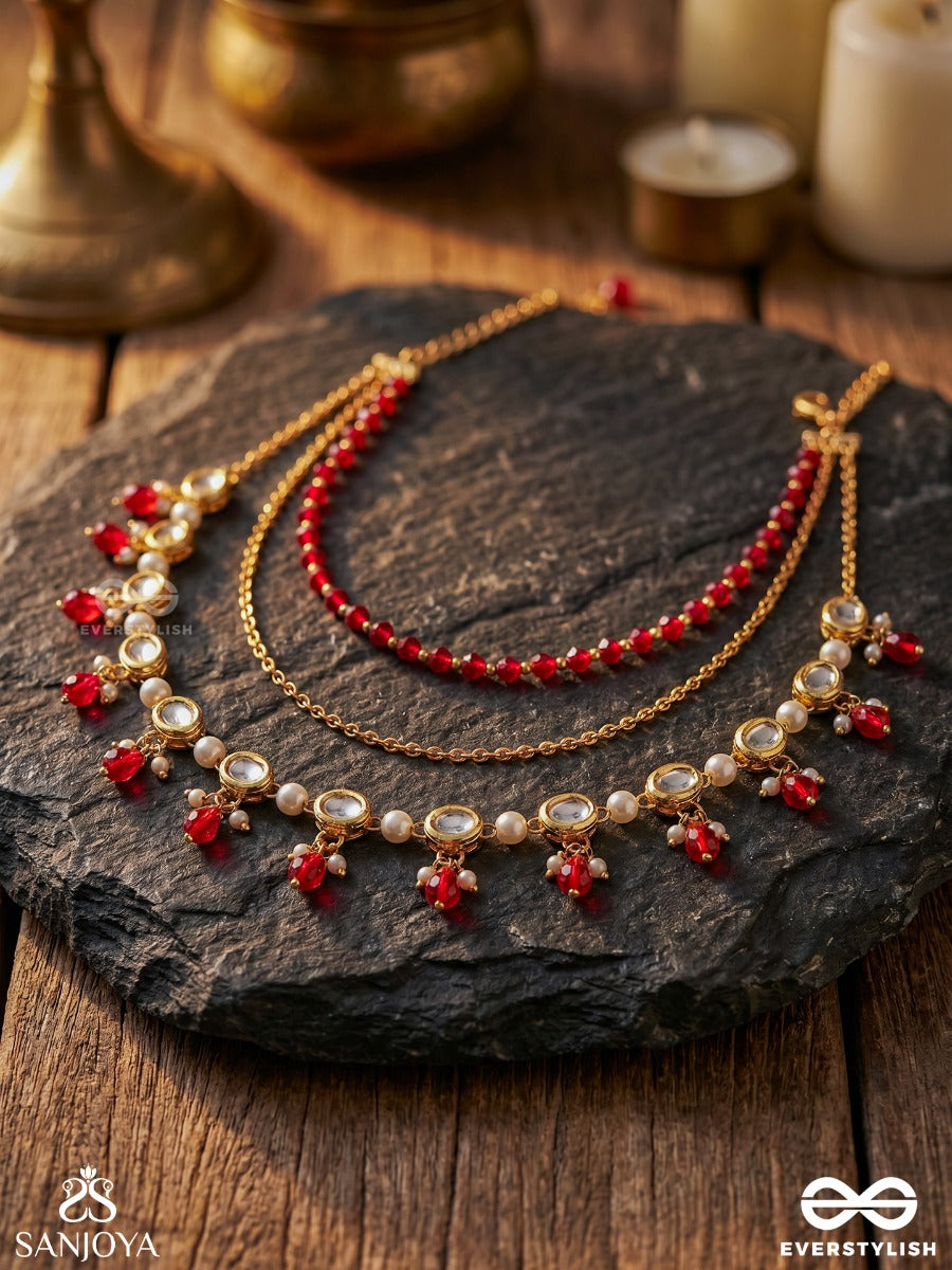 Kshitijika – Horizon Of Beauty – Convertible Body Jewellery That Styles As A Necklace Or Shoulder Chain With Ruby Bead Accents, Pearl Drops And Draped Chains