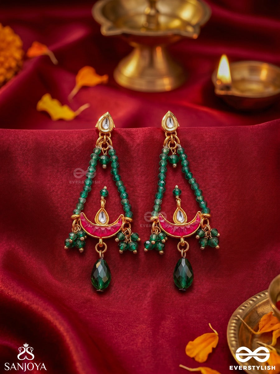 Vainateya – Celestial Majesty – Elegant Earrings With Emerald Bead Drapes, Enamel Crescent Motifs, Kundan Accents And Dangling Green Drop Charms