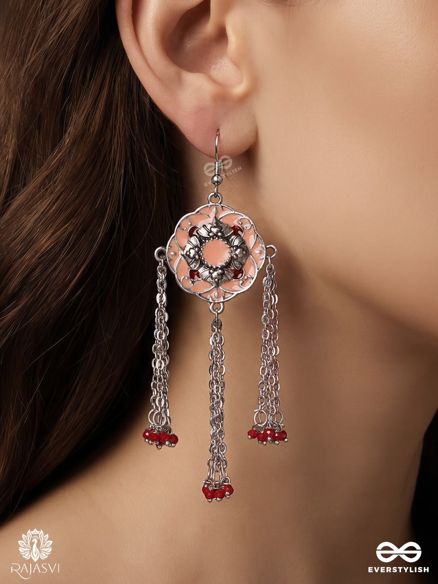 Arunima – Peach Enamel Floral Oxidised Earrings With Chain Tassels And Red Bead Accents