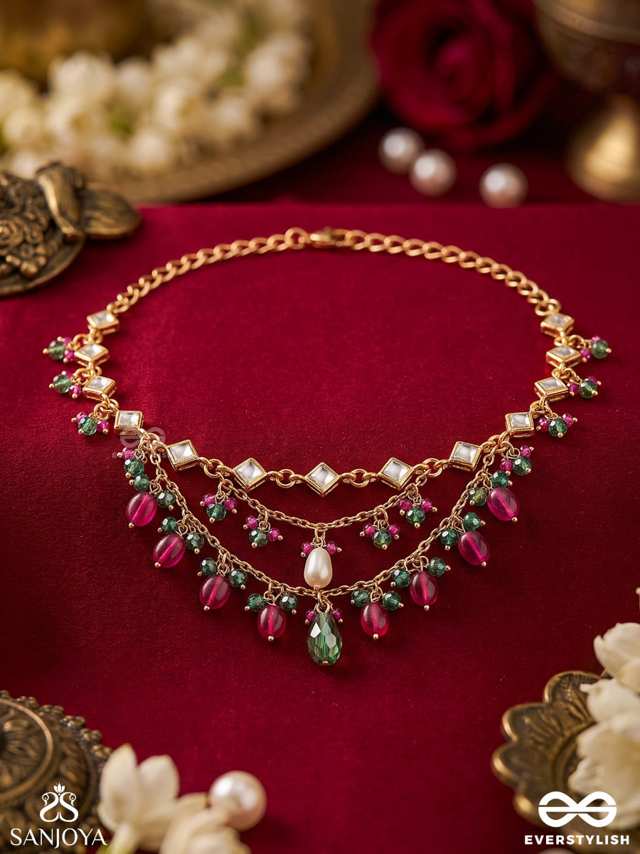 Kalyani – Auspicious One – Heritage Armlet (Single) With Kundan Linkwork, Layered Pearl Chains, Pink-Green Bead Drops And Golden Detailing