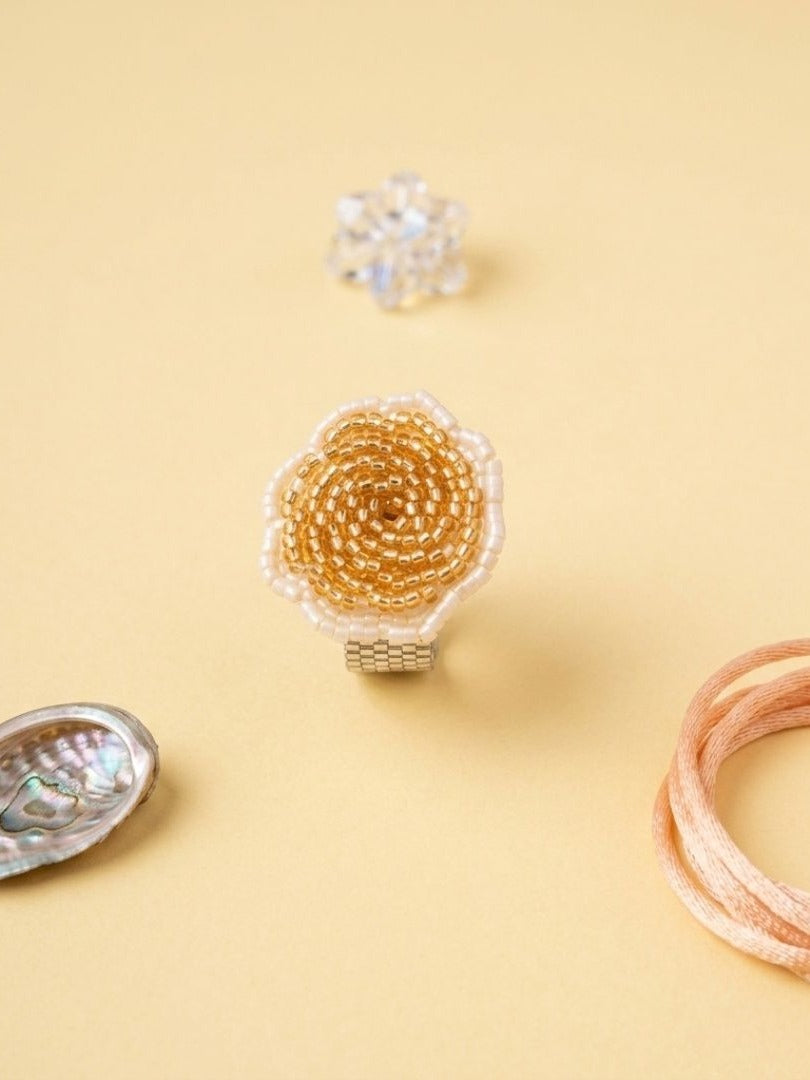 Honey Bloom - Gold & Ivory Beaded Flower Statement Ring