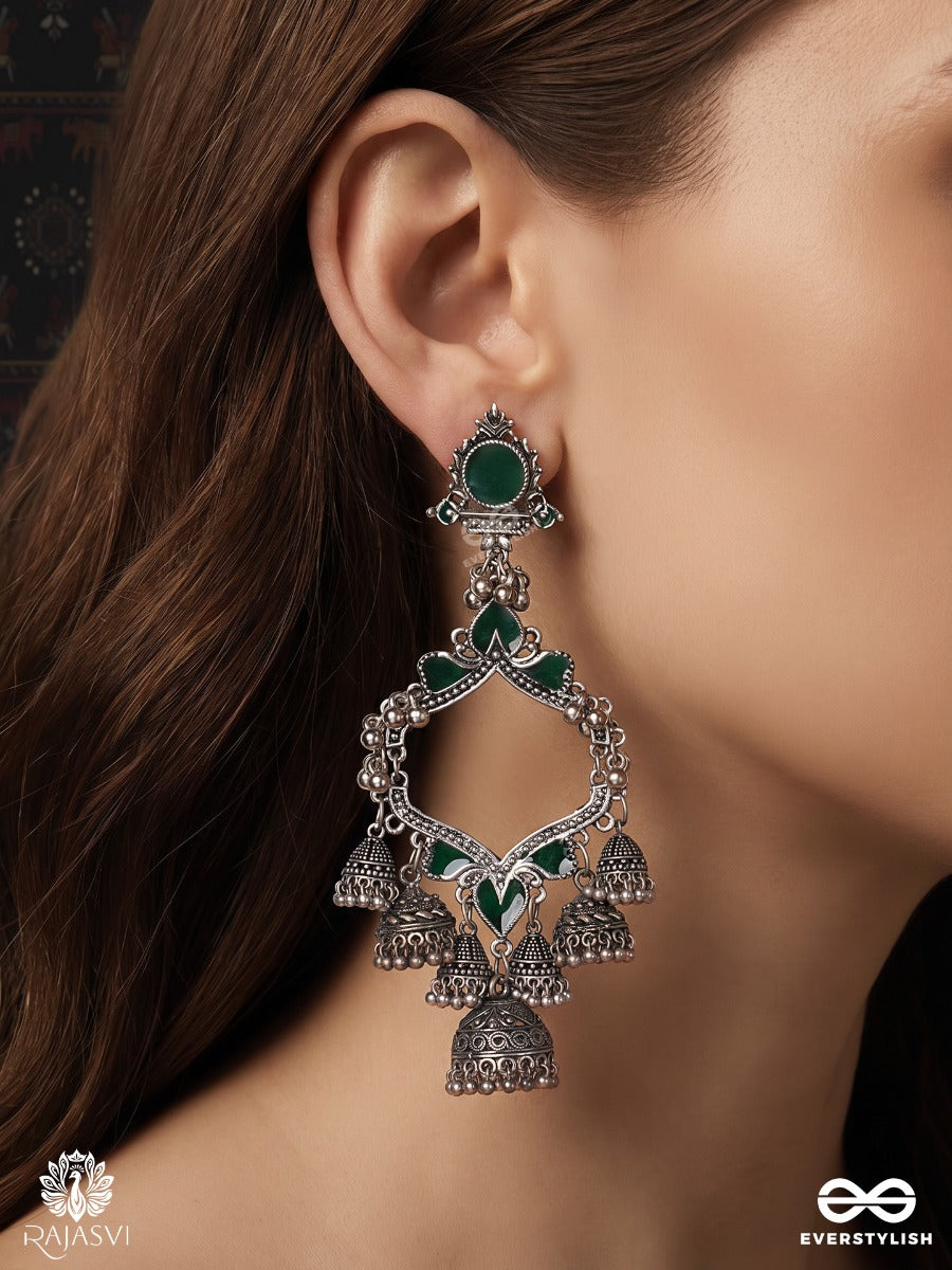 Vrindika – Emerald Enamel Oxidised Chandbali Earrings With Multi Jhumki Drops