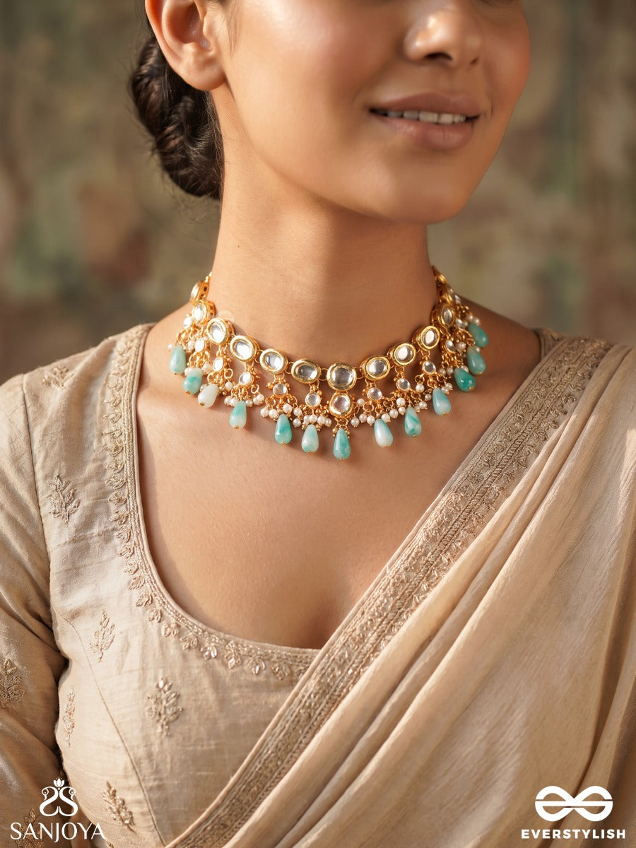 Ratnavali – String Of Gems – Heritage Choker With Kundan-Style Settings, Lustrous Pearl Clusters, Aqua Teardrop Accents And Delicate Golden Chain Detailing