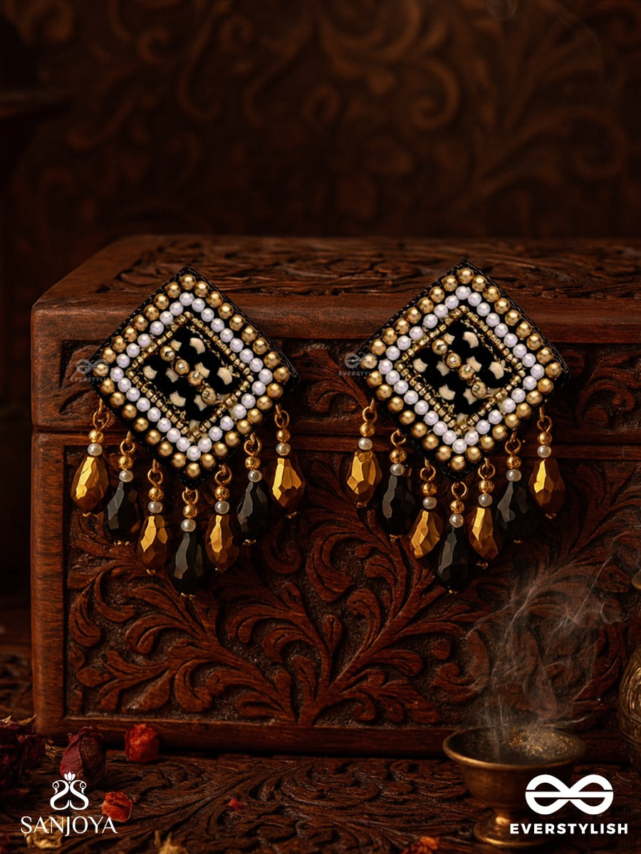 Kamagni - Fire Of Passion - Beads, Resham And Glass Drops Hand Embroidered Earrings (Black & Golden)