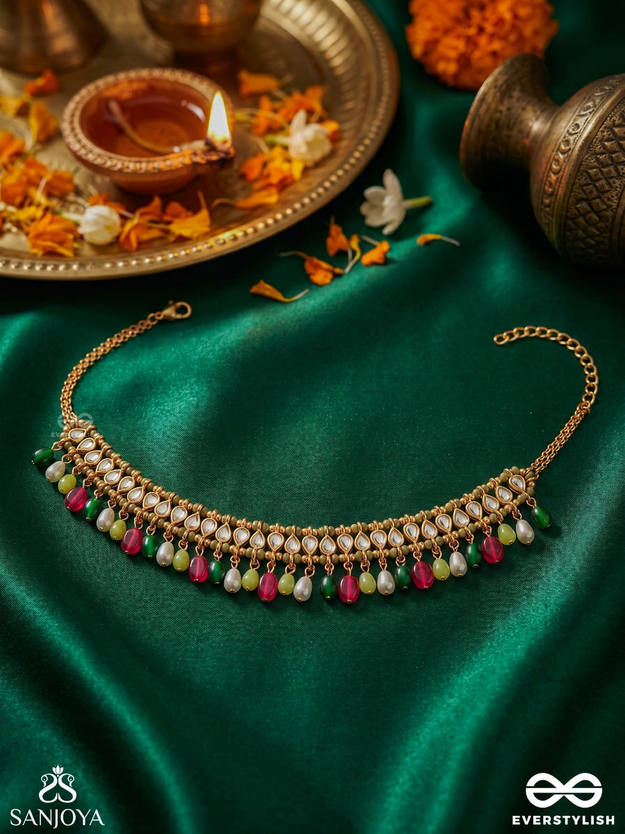 Manikvalli – Jewelled Creeper – Ornate Choker With Gold-Tone Panel Detailing, Pink-Green Bead Danglers And Delicate Hanging Accents