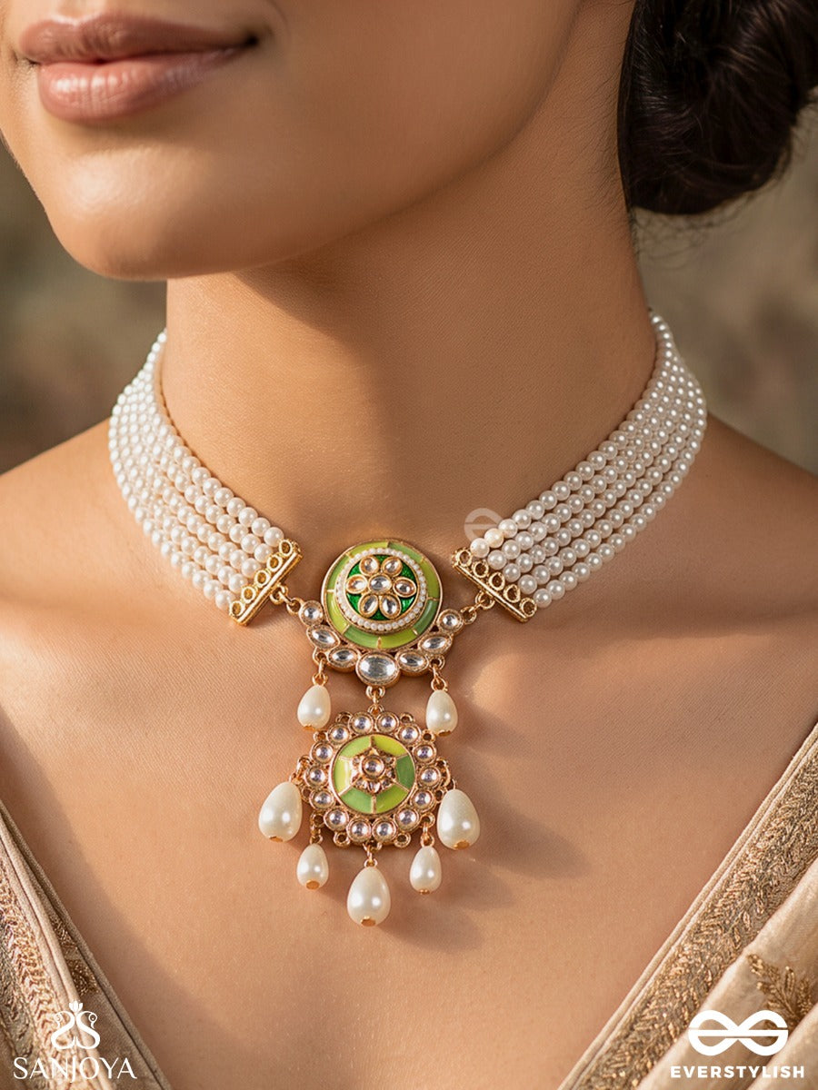 Sutrama – Sacred Thread – Heritage Choker With Multi-Strand Pearlwork, Green Kundan Centrepiece And Delicate Floral Details