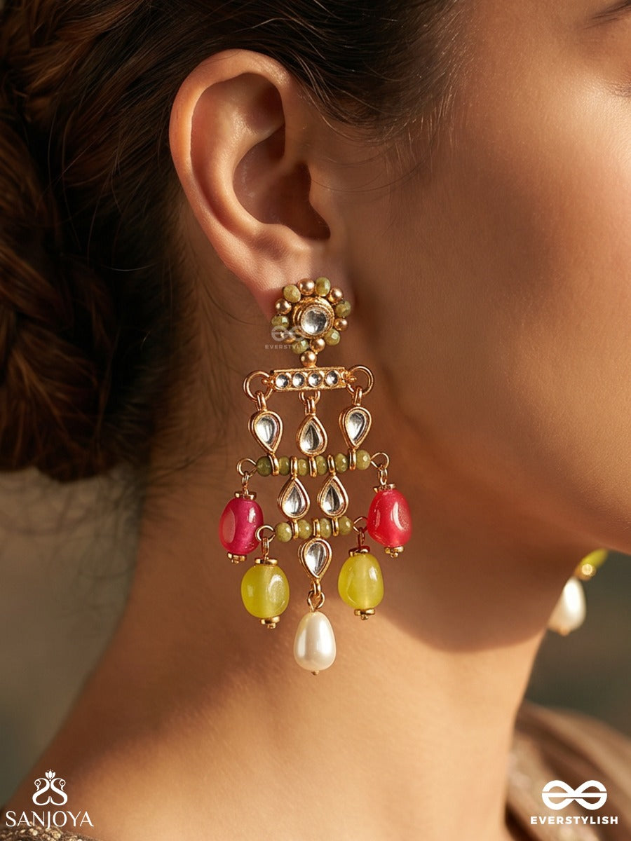 Kokanika – Blossom Of Beauty – Heritage Earrings With Floral Kundan Studs, Multi-Colour Gem Drops And Pearl Accents