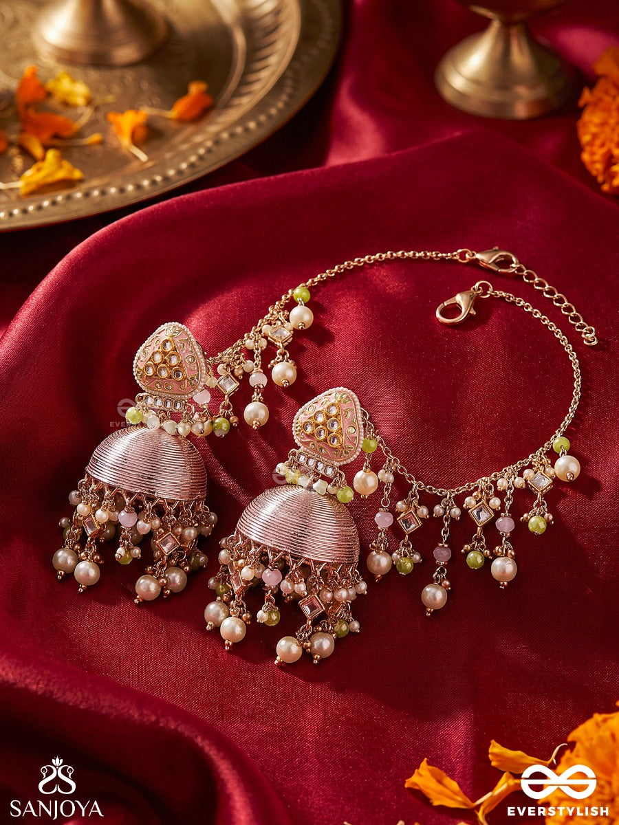 Kaushalya – Royal Grace – Heritage Chain Earrings With Silk-Wrapped Jhumka, Pearl Clusters, Pastel Bead Danglers And Delicate Ear Chain