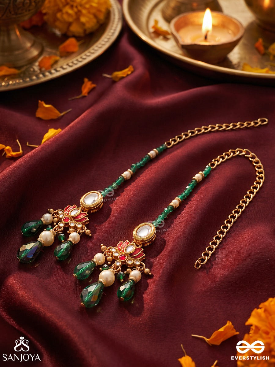 Naqsha – Artful Design – Heritage Sahara Kaanchain Earrings With Floral Kundan Motifs, Emerald Drops And Beaded Chains
