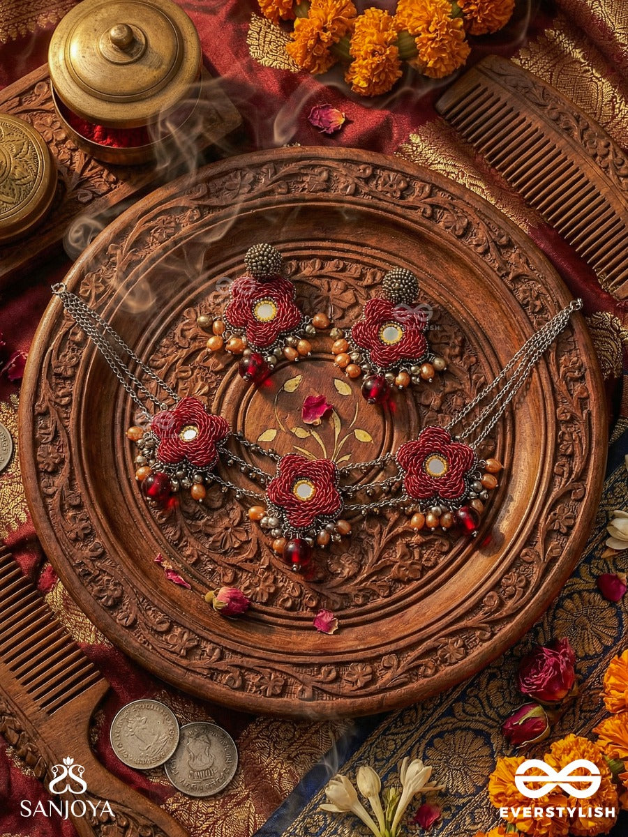 Sumanas - The Burgundy Flowers - Mirror, Resham, Dabka And Glass Drops Hand Embroidered Set With Oxidised Choker Neckpiece & Earrings