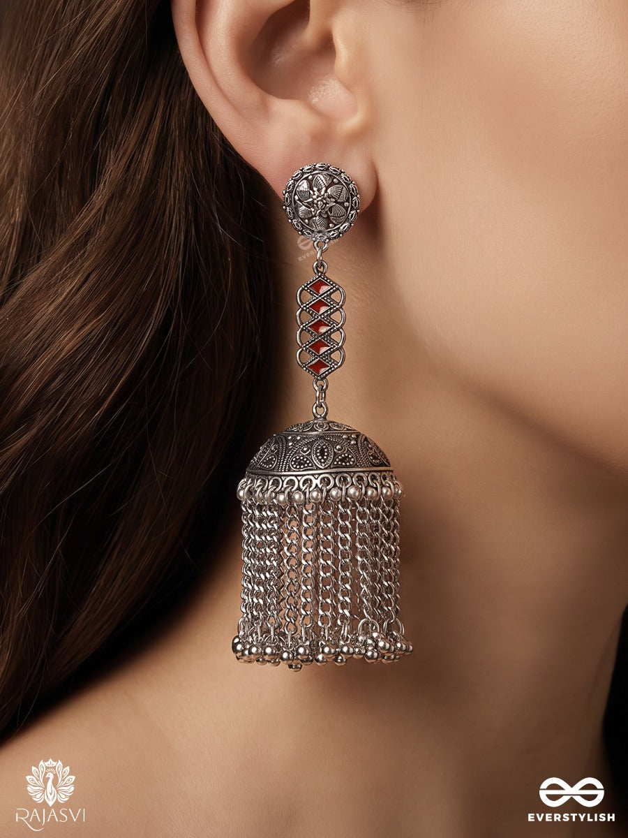 Shilpaakar – Oxidised Filigree Dome Earrings With Chain Tassels And Maroon Stone Detail
