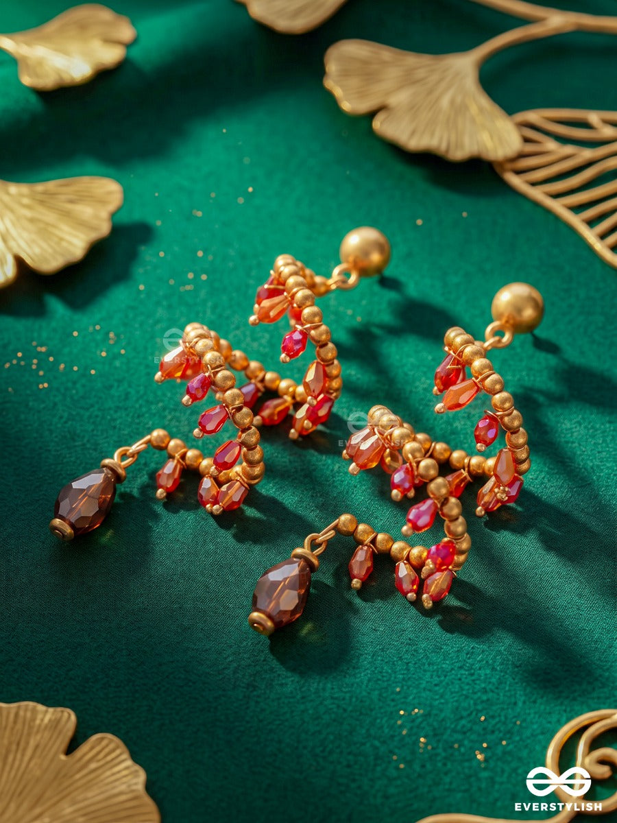 Garnet Whisper – Spiral Earring With Crimson Crystals And Golden Pearl Accents