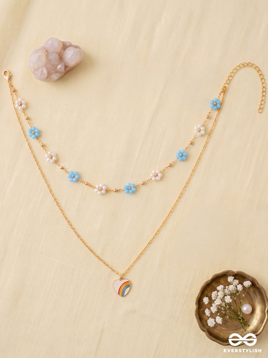 Sky Confetti – Layered Necklace With Aqua Flowers, Pearl Accents And Rainbow Charm
