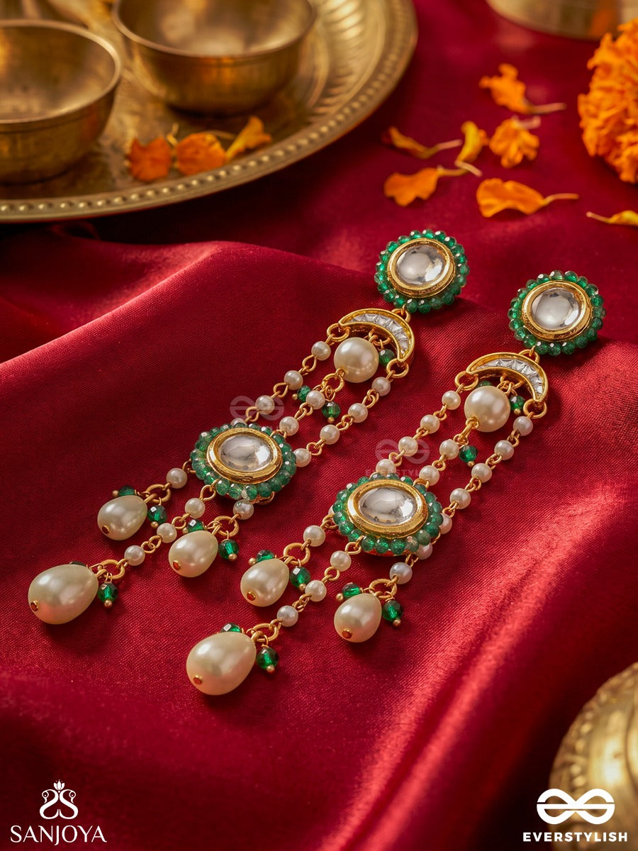 Phiroza – Precious Gem – Long Earrings With Green Gem Borders, Circular Kundan Motifs, Pearl Chains And Cascading Drops