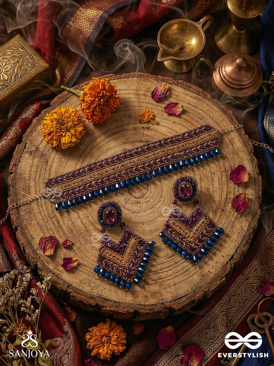 Aktaa - The Night Sky - Glass Beads And Lace Embroidered Set With Choker Neckpiece & Earrings