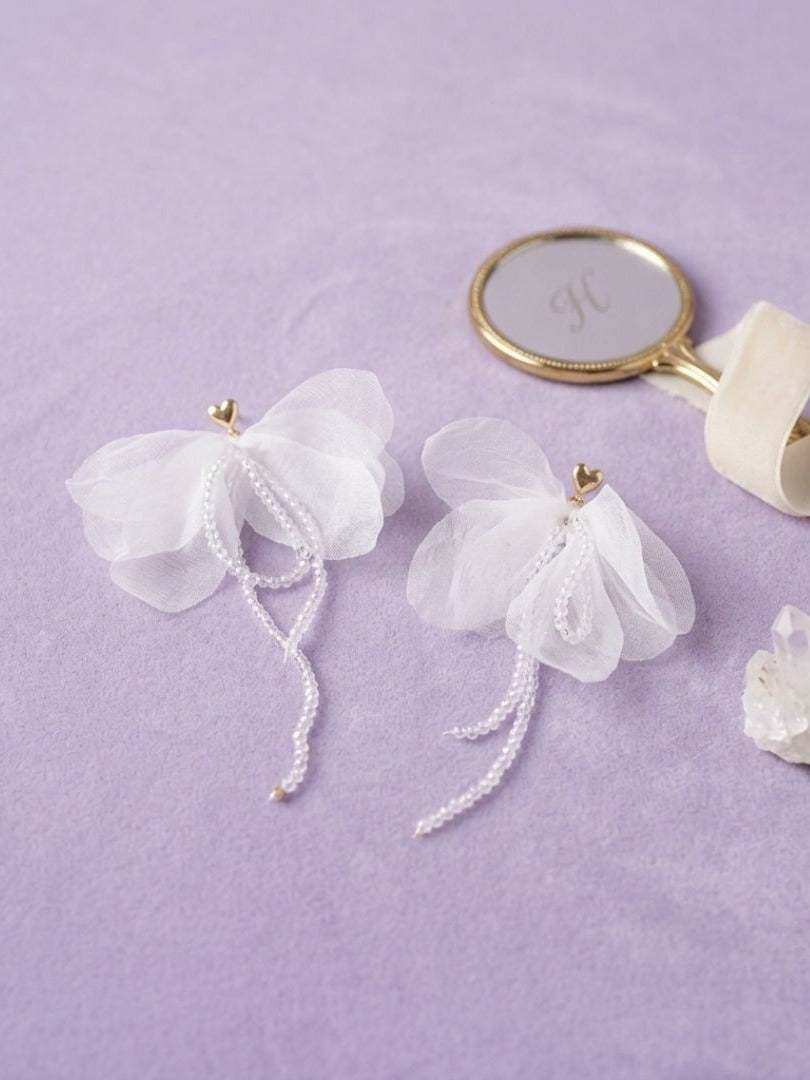 Milky Bloom - White Organza Petal Earrings With Beaded Details