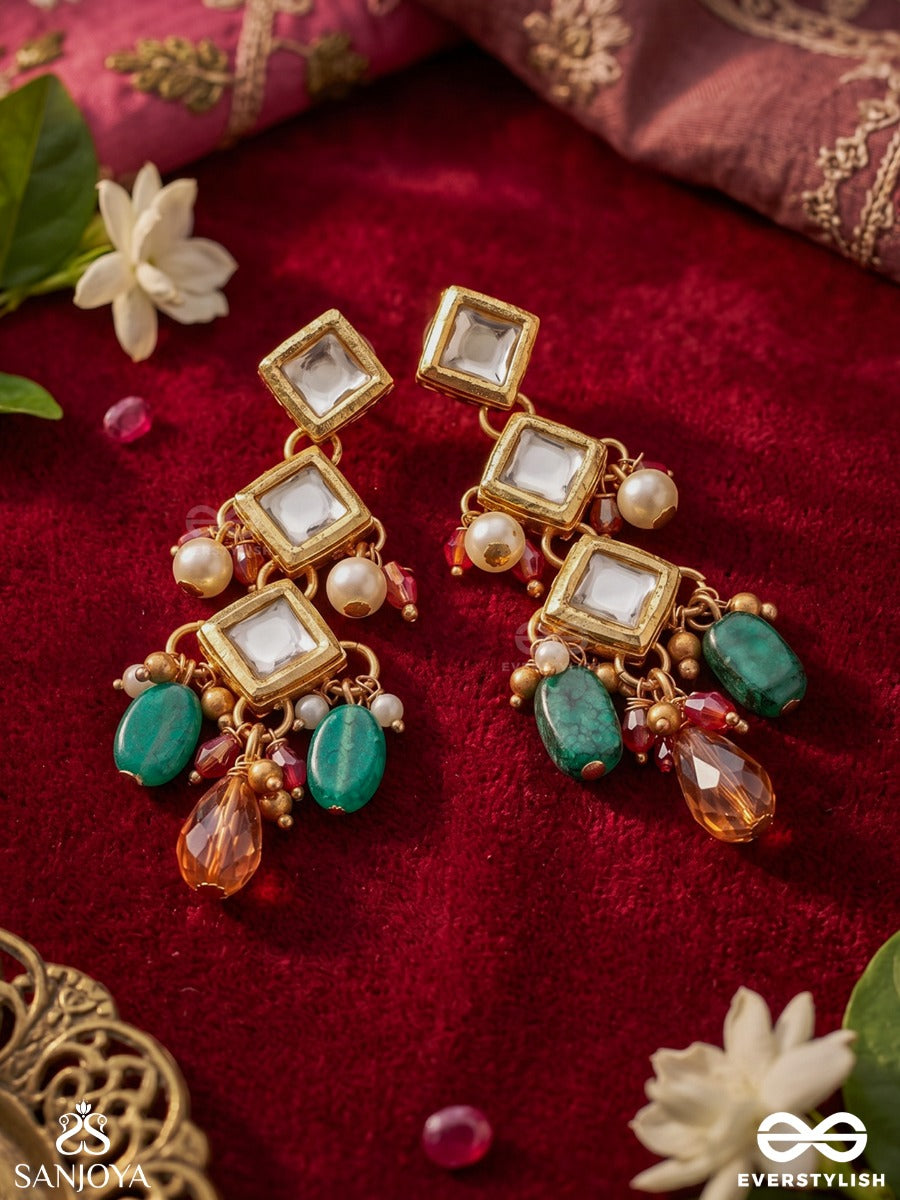 Suranjana – One Who Brings Delight – Heritage Earrings With Geometric Kundan Settings, Emerald Drops And Peach Crystal Accents