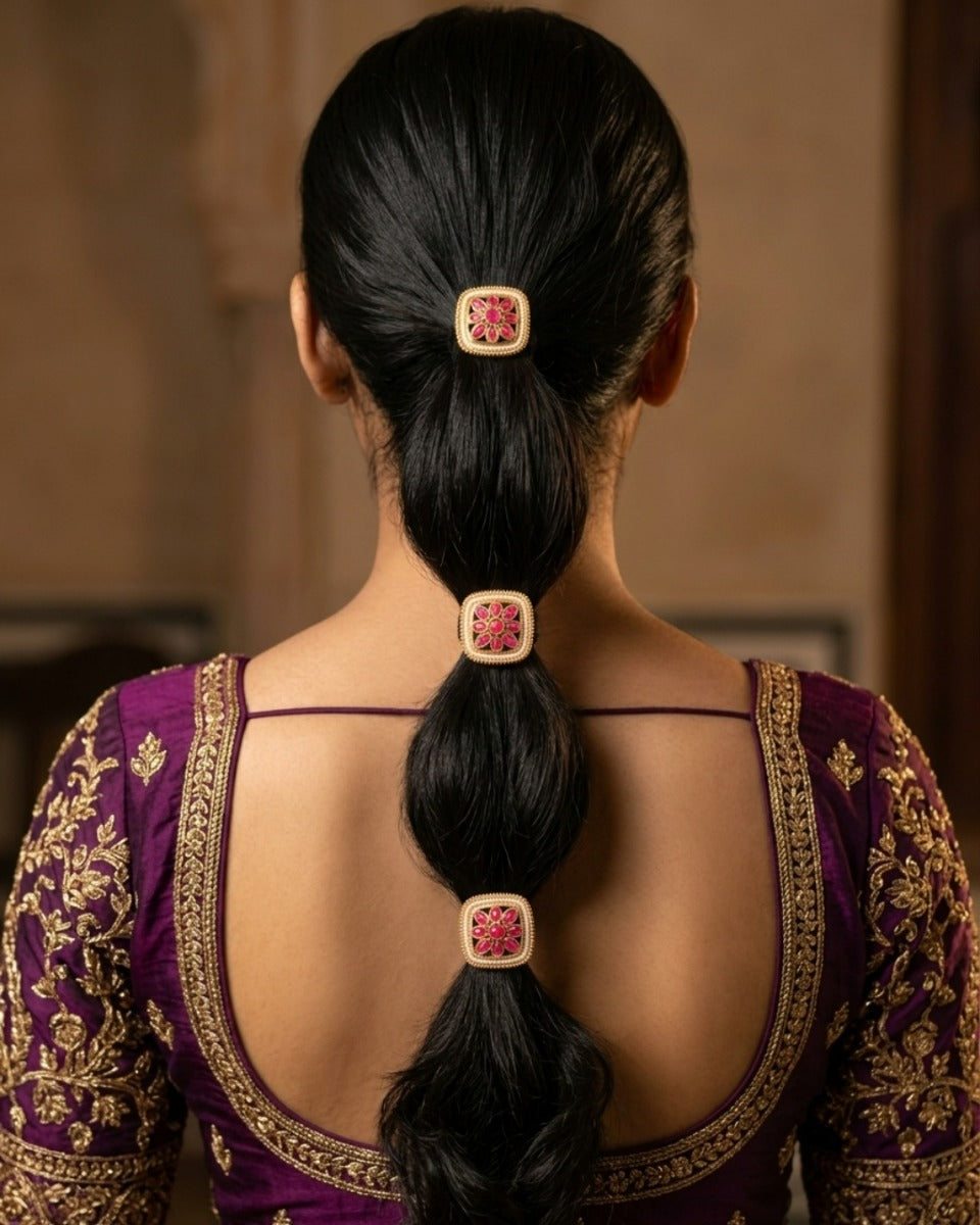 Pushkala - Abundant Beauty - Pack Of 3 Hair Accessories With Pink Floral Kundan-Style Motifs, Pearl Edging And Ornate Golden Details