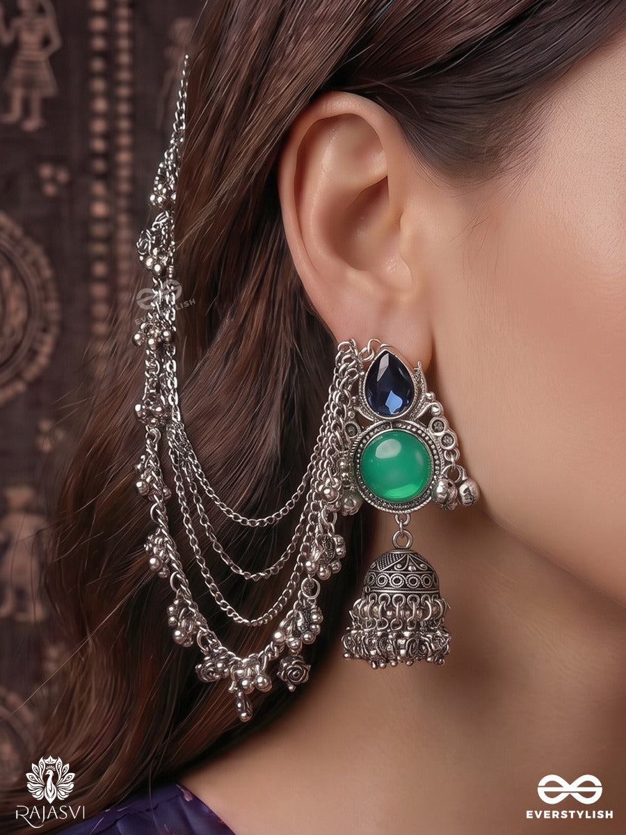 Tarangini – Oxidised Chain Earrings With Layered Chains, Gem Accents And Jhumki Drops