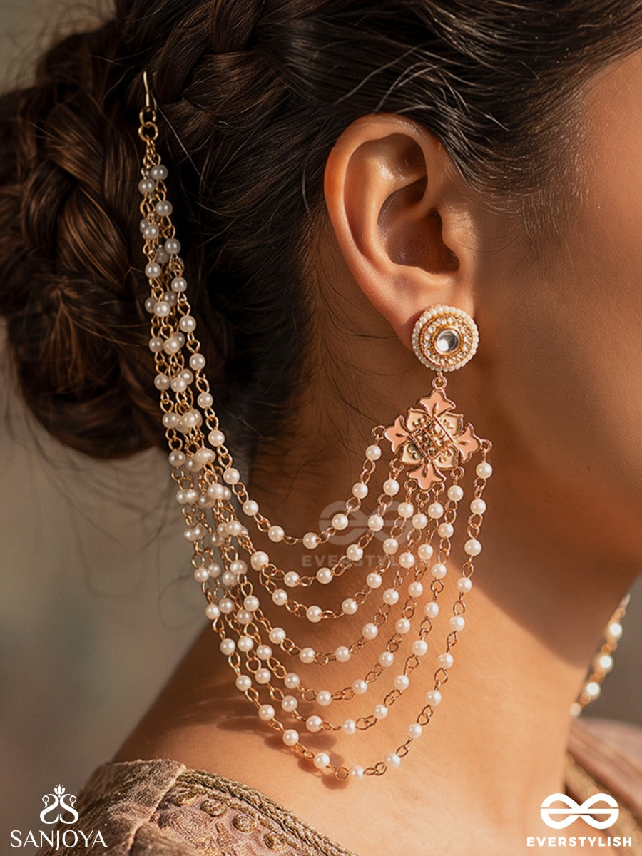 Pravaha – Flowing Stream – Heritage Chain Earrings With Layered Pearl Drapes, Floral Motifs And Delicate Golden Detailing