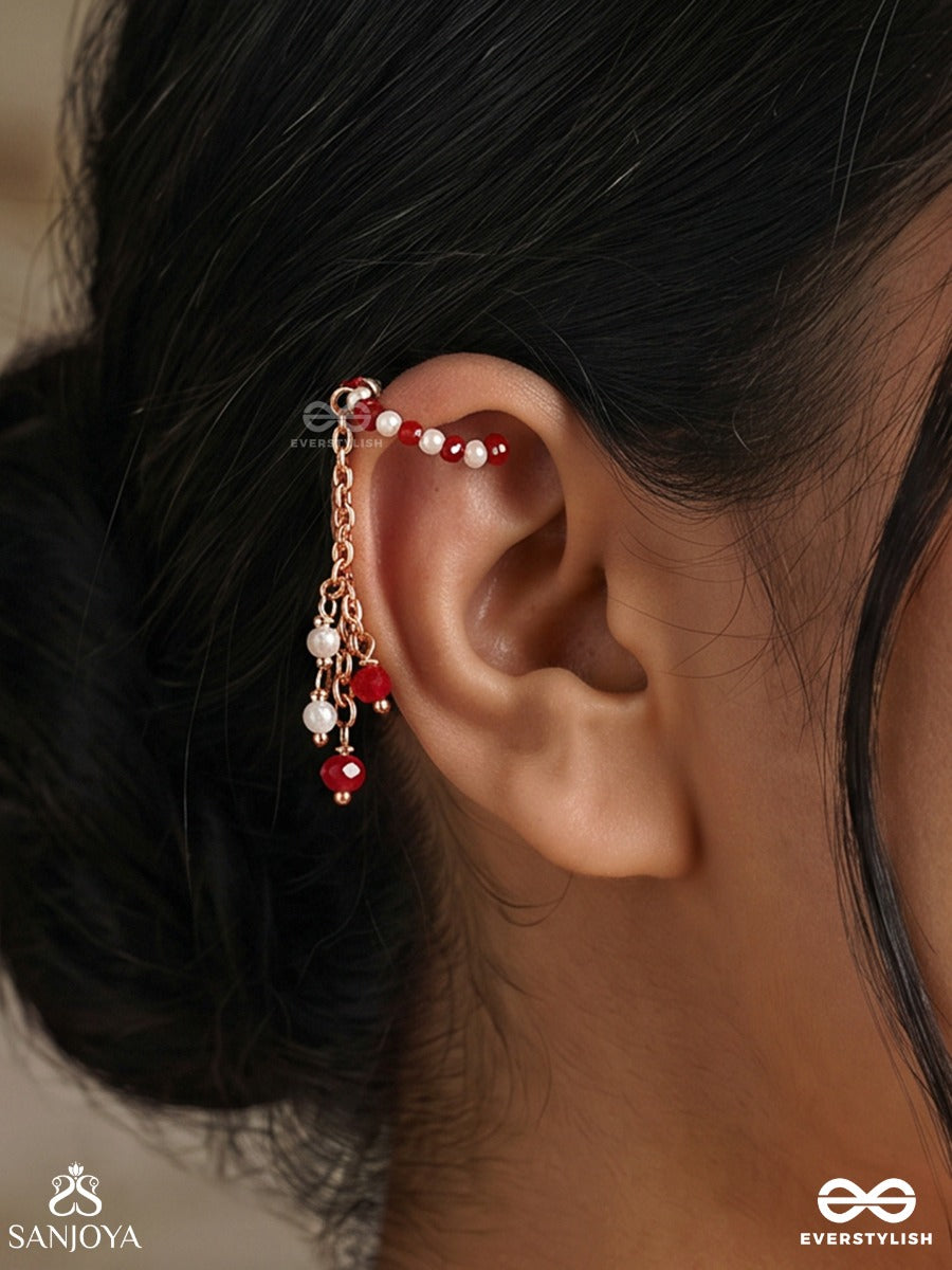 Raktalata – Crimson Creeper – Ornate Single Earcuff With Red Bead-Lined Hoop, Delicate Gold-Tone Chain Link And Dainty Dangling Accents