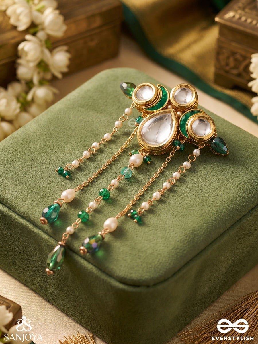 Karnapriya – Beloved Adornment – Heritage Hair Accessory With Kundan Mirror Motifs, Emerald Enamel, Pearl Chains And Aqua Drop Accents