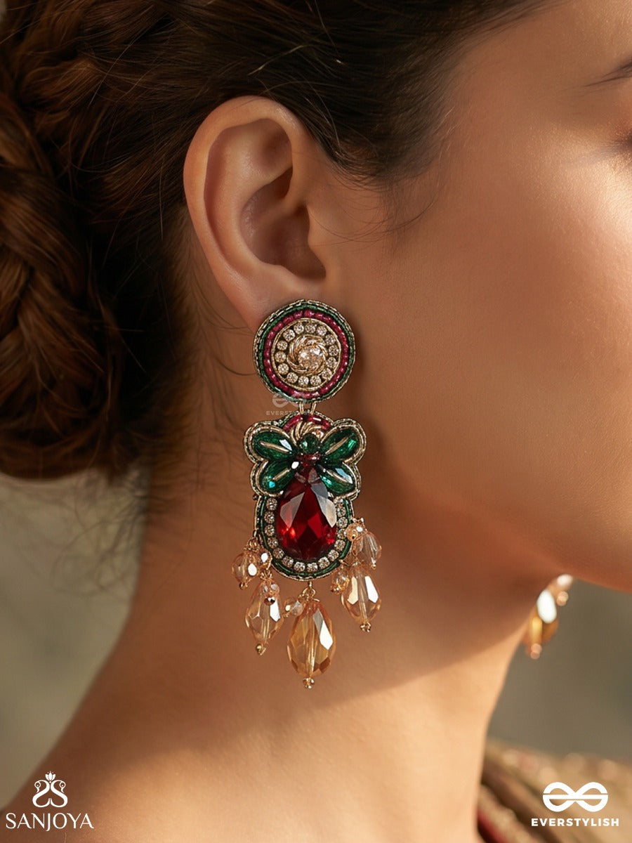 Padminika – Lotus Bloom – Heritage Earrings With Green Meenakari Petal Motifs, Ruby Teardrop Centre, Kundan Accents And Dangling Crystal Charms