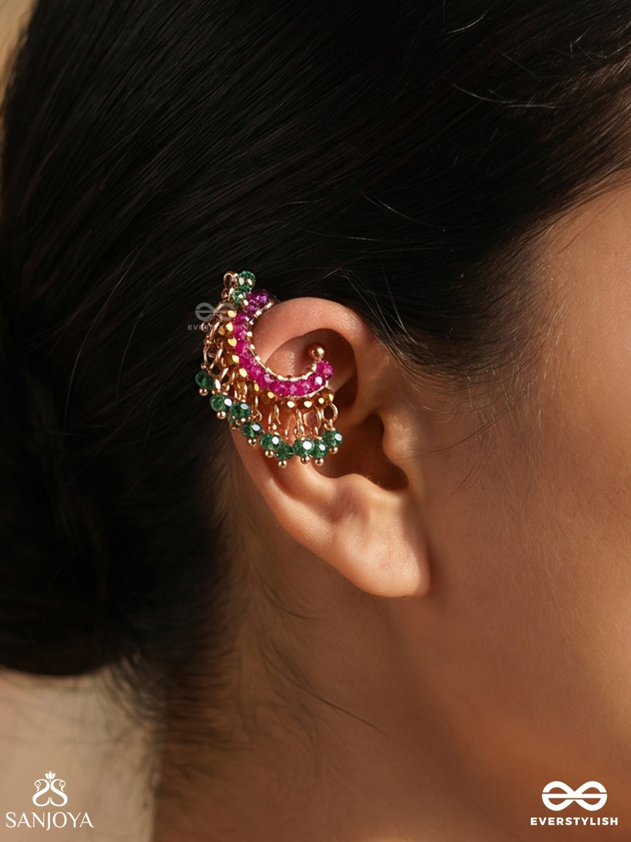 Chandrarangi – Coloured Moonlight – Ornate Single Earcuff With Pink Crescent Detail, Green Bead Accents And Delicate Gold-Tone Ornamental Work