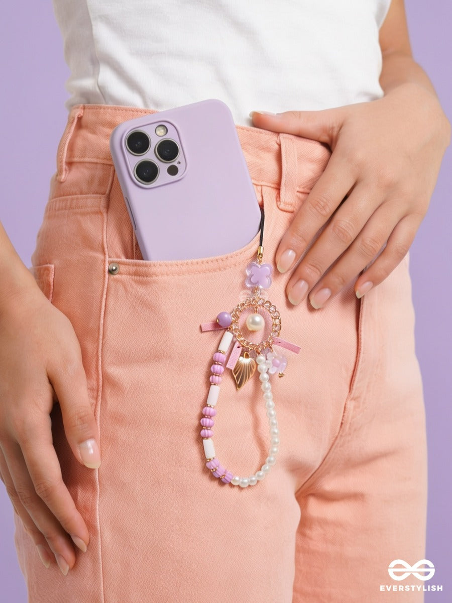 Lavender Latte – Pastel Phone Charm With Pearl Loop And Floral Details