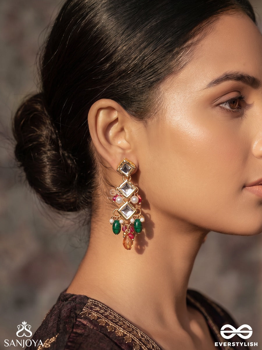 Suranjana – One Who Brings Delight – Heritage Earrings With Geometric Kundan Settings, Emerald Drops And Peach Crystal Accents