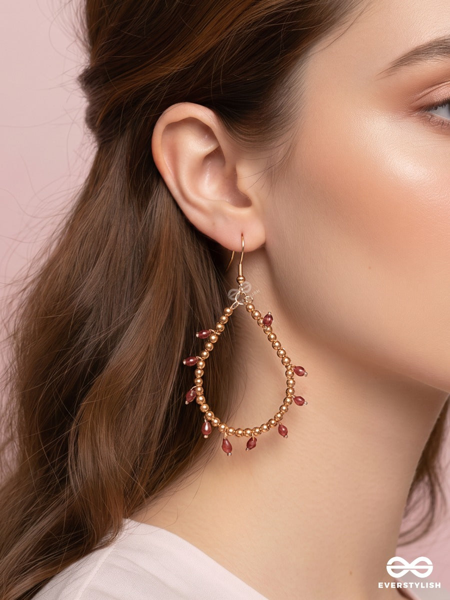 Crimson Twig – Gold Teardrop Hoop Earrings With Red Beads And Pearl Accents